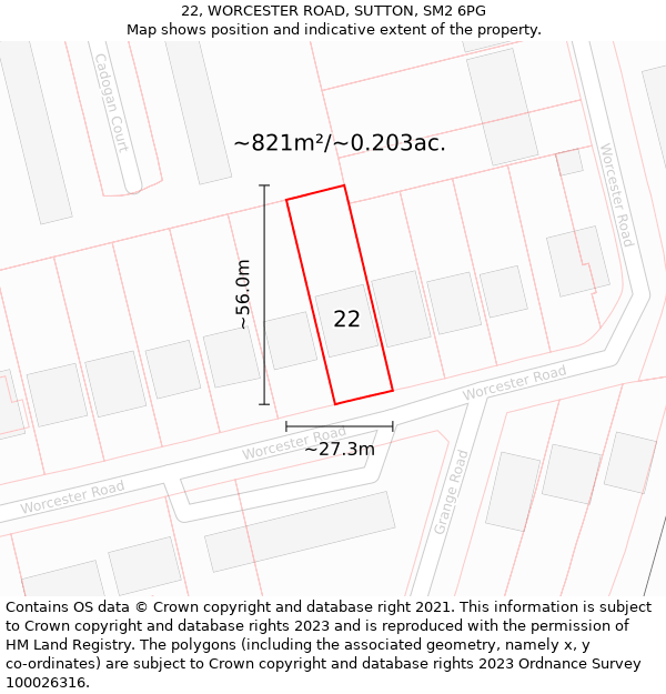 22, WORCESTER ROAD, SUTTON, SM2 6PG: Plot and title map