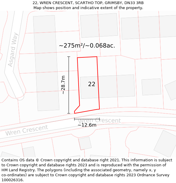 22, WREN CRESCENT, SCARTHO TOP, GRIMSBY, DN33 3RB: Plot and title map