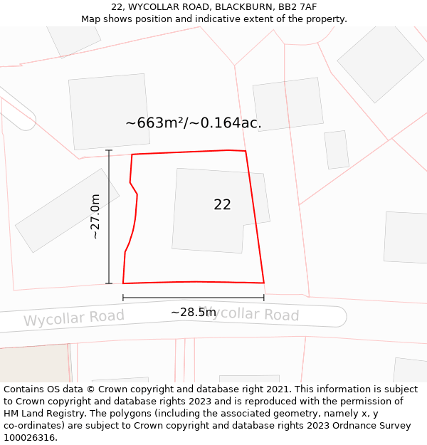 22, WYCOLLAR ROAD, BLACKBURN, BB2 7AF: Plot and title map