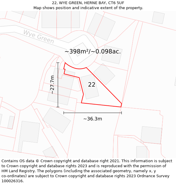 22, WYE GREEN, HERNE BAY, CT6 5UF: Plot and title map