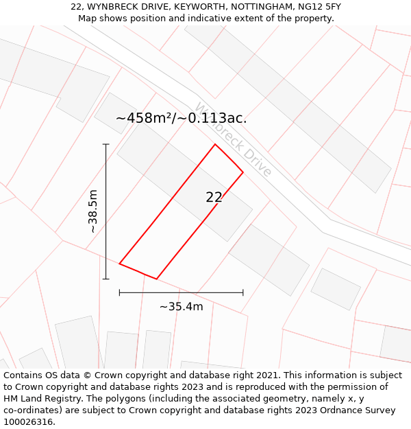 22, WYNBRECK DRIVE, KEYWORTH, NOTTINGHAM, NG12 5FY: Plot and title map