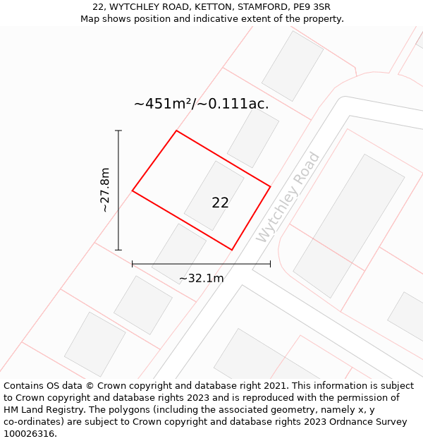 22, WYTCHLEY ROAD, KETTON, STAMFORD, PE9 3SR: Plot and title map