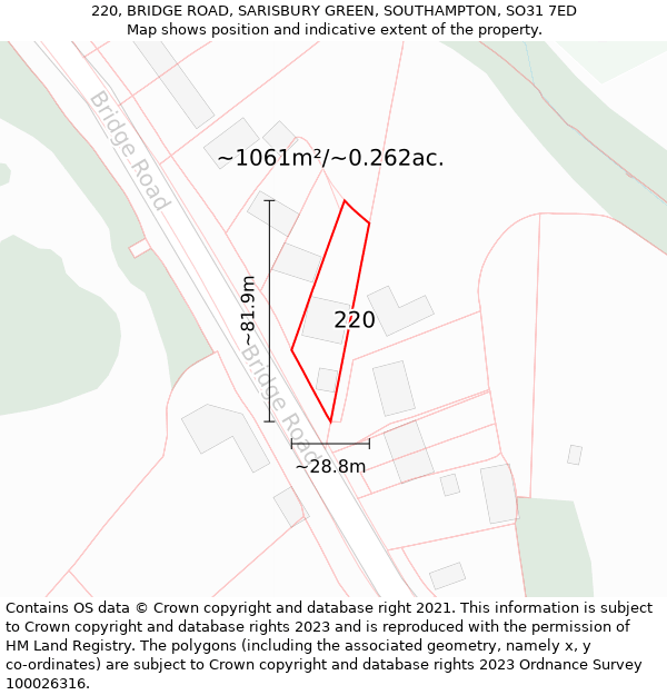 220, BRIDGE ROAD, SARISBURY GREEN, SOUTHAMPTON, SO31 7ED: Plot and title map