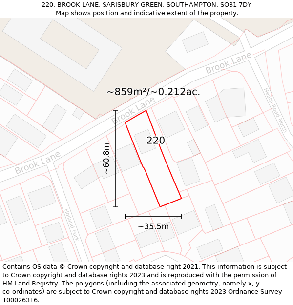 220, BROOK LANE, SARISBURY GREEN, SOUTHAMPTON, SO31 7DY: Plot and title map