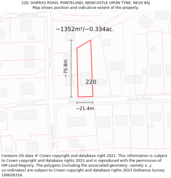 220, DARRAS ROAD, PONTELAND, NEWCASTLE UPON TYNE, NE20 9AJ: Plot and title map