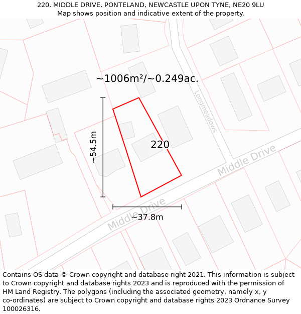 220, MIDDLE DRIVE, PONTELAND, NEWCASTLE UPON TYNE, NE20 9LU: Plot and title map