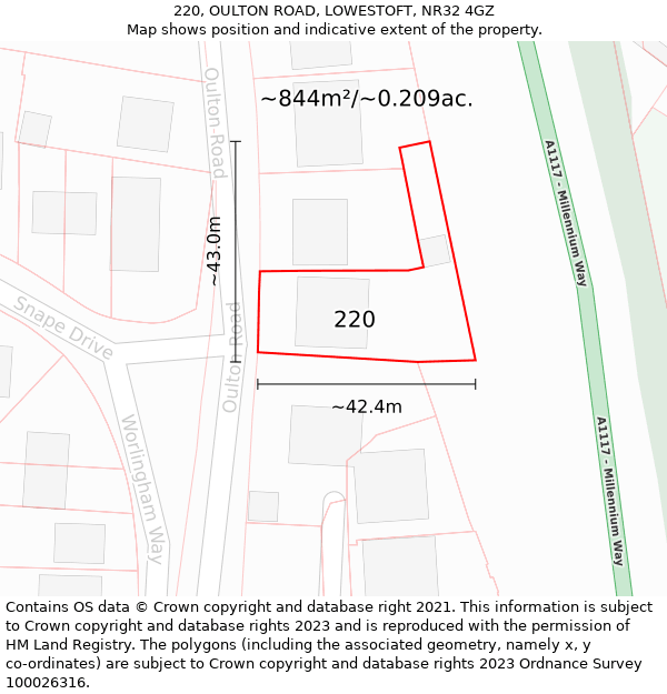 220, OULTON ROAD, LOWESTOFT, NR32 4GZ: Plot and title map