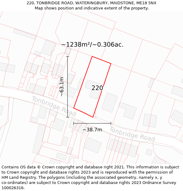 220, TONBRIDGE ROAD, WATERINGBURY, MAIDSTONE, ME18 5NX: Plot and title map