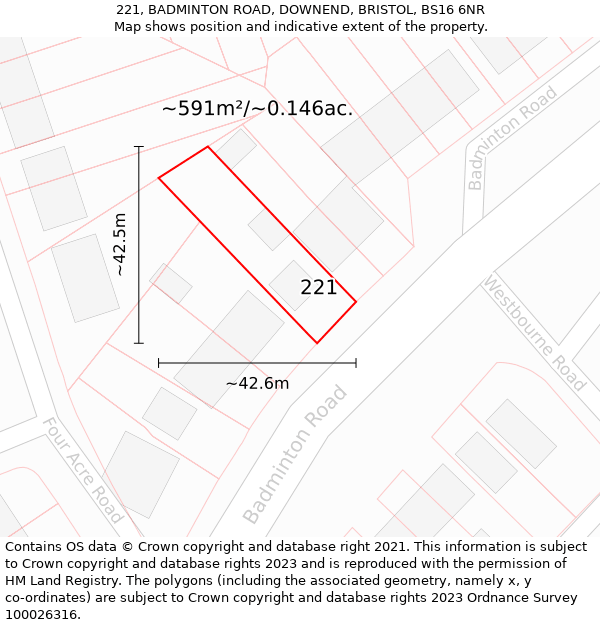 221, BADMINTON ROAD, DOWNEND, BRISTOL, BS16 6NR: Plot and title map