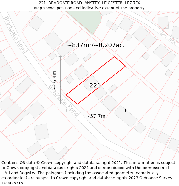221, BRADGATE ROAD, ANSTEY, LEICESTER, LE7 7FX: Plot and title map