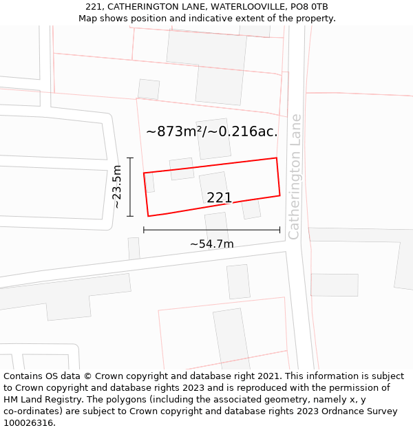 221, CATHERINGTON LANE, WATERLOOVILLE, PO8 0TB: Plot and title map