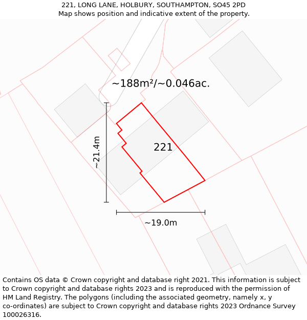 221, LONG LANE, HOLBURY, SOUTHAMPTON, SO45 2PD: Plot and title map