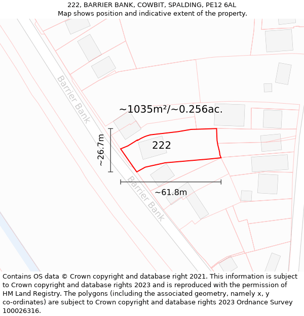 222, BARRIER BANK, COWBIT, SPALDING, PE12 6AL: Plot and title map