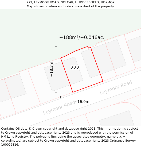 222, LEYMOOR ROAD, GOLCAR, HUDDERSFIELD, HD7 4QP: Plot and title map