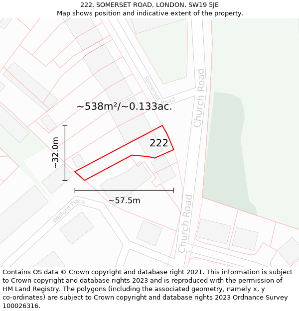 222, SOMERSET ROAD, LONDON, SW19 5JE: Plot and title map