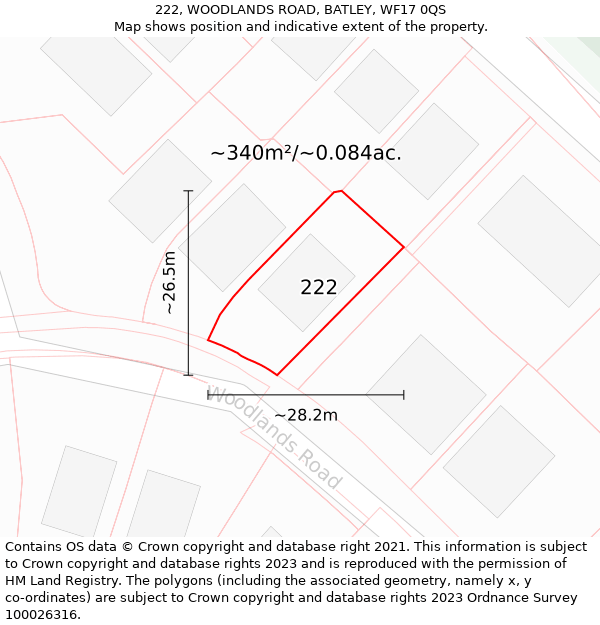 222, WOODLANDS ROAD, BATLEY, WF17 0QS: Plot and title map