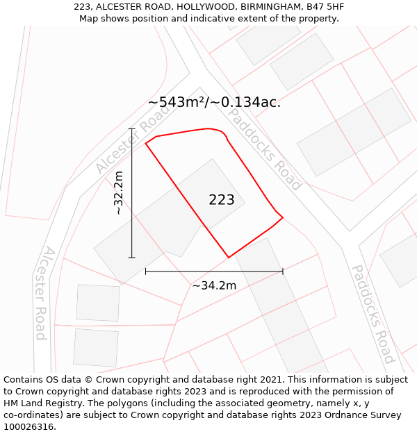 223, ALCESTER ROAD, HOLLYWOOD, BIRMINGHAM, B47 5HF: Plot and title map