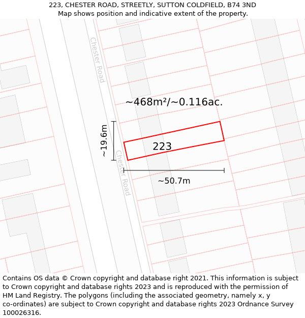 223, CHESTER ROAD, STREETLY, SUTTON COLDFIELD, B74 3ND: Plot and title map