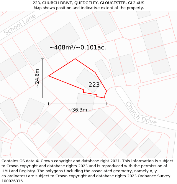 223, CHURCH DRIVE, QUEDGELEY, GLOUCESTER, GL2 4US: Plot and title map