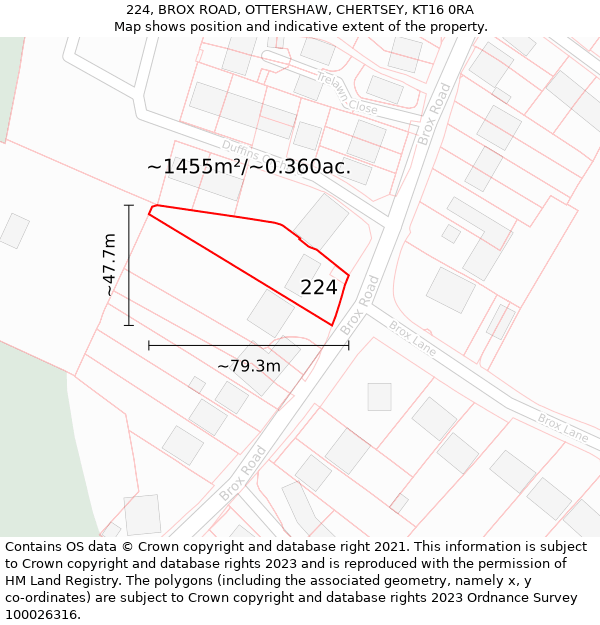 224, BROX ROAD, OTTERSHAW, CHERTSEY, KT16 0RA: Plot and title map