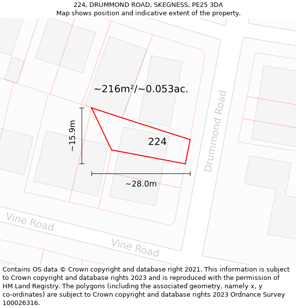 224, DRUMMOND ROAD, SKEGNESS, PE25 3DA: Plot and title map