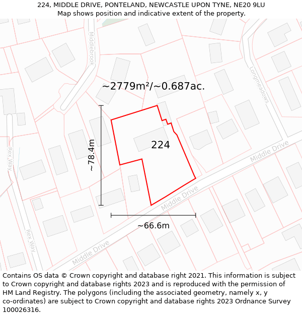 224, MIDDLE DRIVE, PONTELAND, NEWCASTLE UPON TYNE, NE20 9LU: Plot and title map