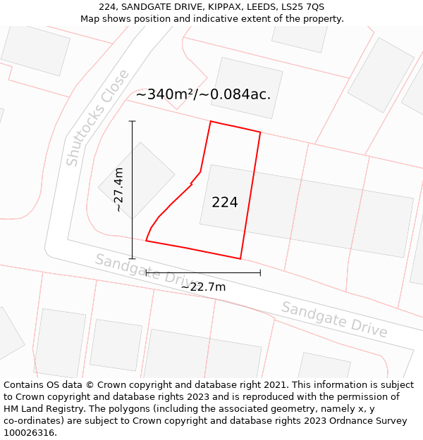 224, SANDGATE DRIVE, KIPPAX, LEEDS, LS25 7QS: Plot and title map