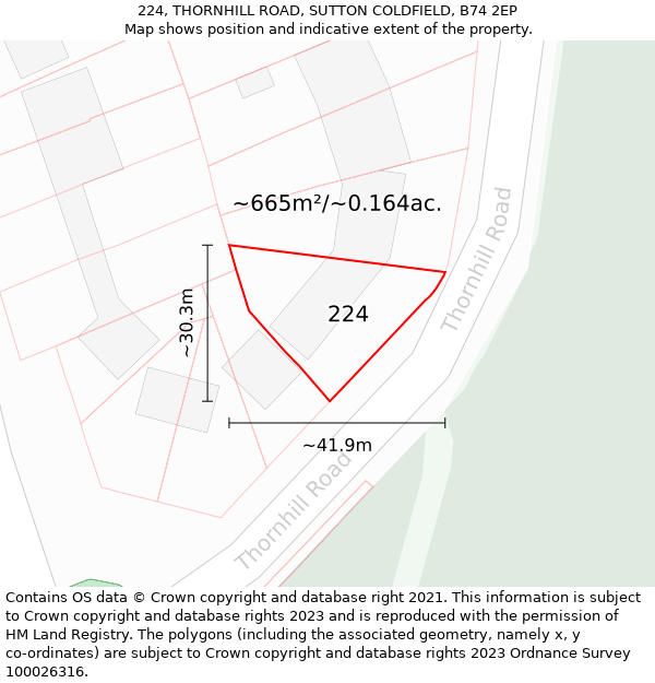 224, THORNHILL ROAD, SUTTON COLDFIELD, B74 2EP: Plot and title map