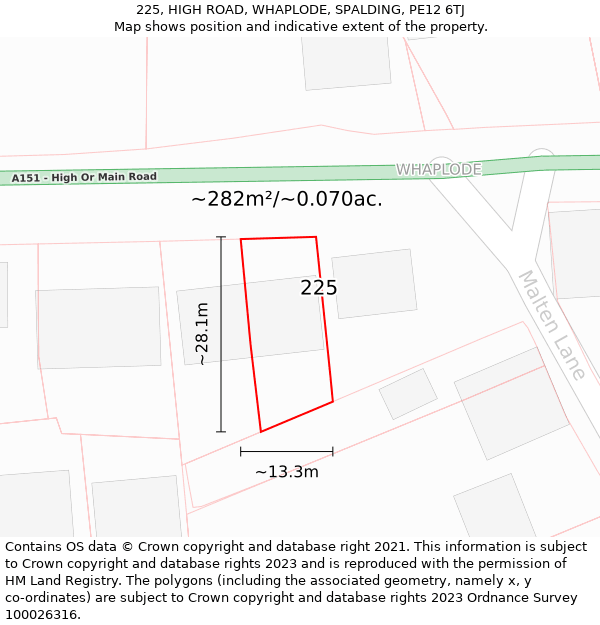 225, HIGH ROAD, WHAPLODE, SPALDING, PE12 6TJ: Plot and title map