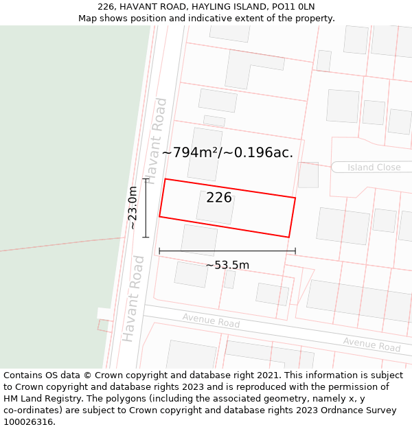 226, HAVANT ROAD, HAYLING ISLAND, PO11 0LN: Plot and title map