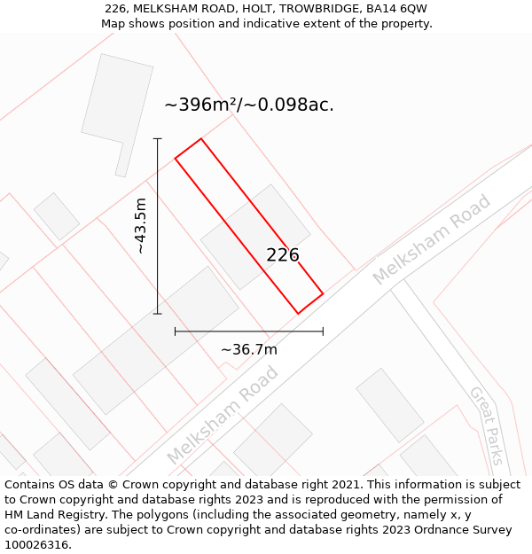 226, MELKSHAM ROAD, HOLT, TROWBRIDGE, BA14 6QW: Plot and title map