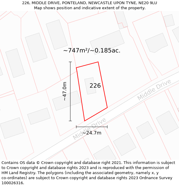 226, MIDDLE DRIVE, PONTELAND, NEWCASTLE UPON TYNE, NE20 9LU: Plot and title map