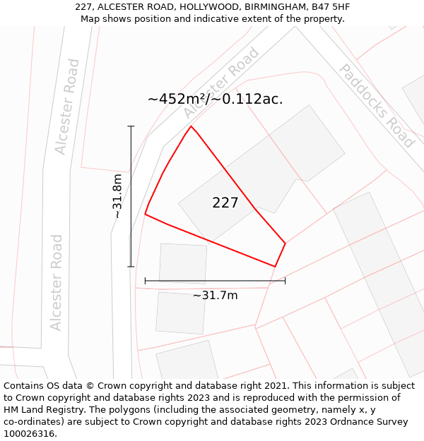 227, ALCESTER ROAD, HOLLYWOOD, BIRMINGHAM, B47 5HF: Plot and title map