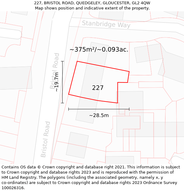 227, BRISTOL ROAD, QUEDGELEY, GLOUCESTER, GL2 4QW: Plot and title map