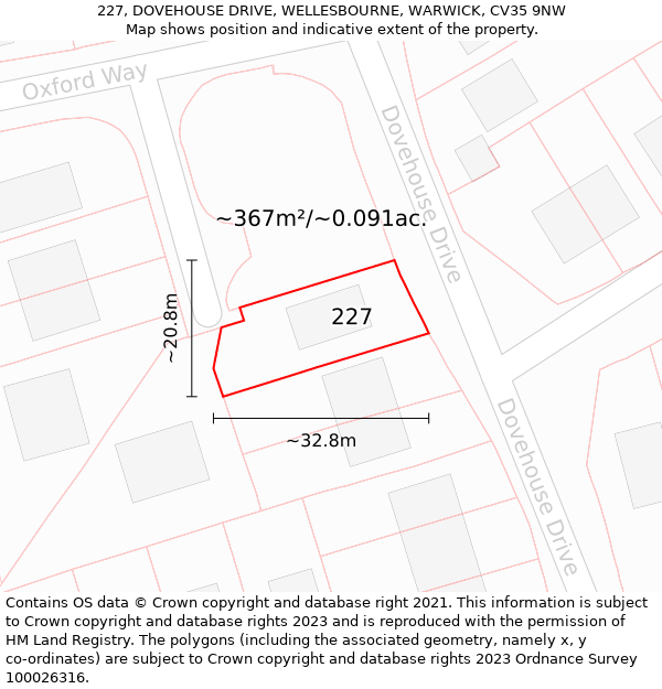 227, DOVEHOUSE DRIVE, WELLESBOURNE, WARWICK, CV35 9NW: Plot and title map