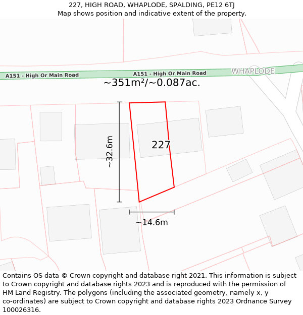 227, HIGH ROAD, WHAPLODE, SPALDING, PE12 6TJ: Plot and title map