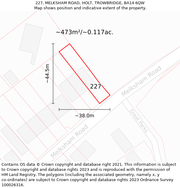 227, MELKSHAM ROAD, HOLT, TROWBRIDGE, BA14 6QW: Plot and title map