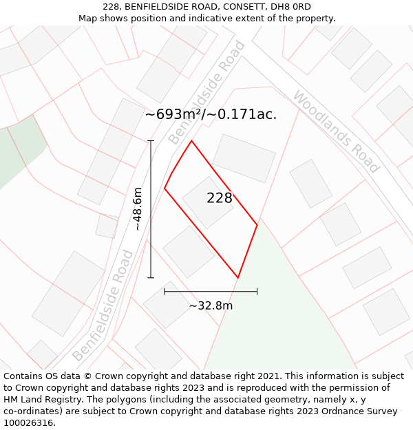228, BENFIELDSIDE ROAD, CONSETT, DH8 0RD: Plot and title map
