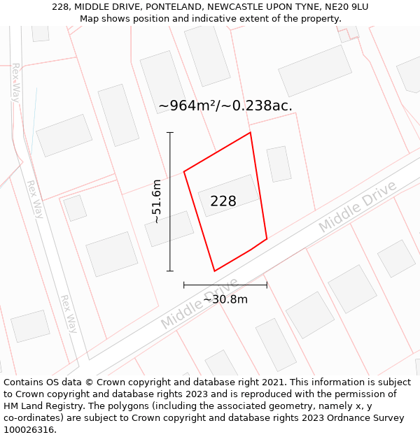 228, MIDDLE DRIVE, PONTELAND, NEWCASTLE UPON TYNE, NE20 9LU: Plot and title map