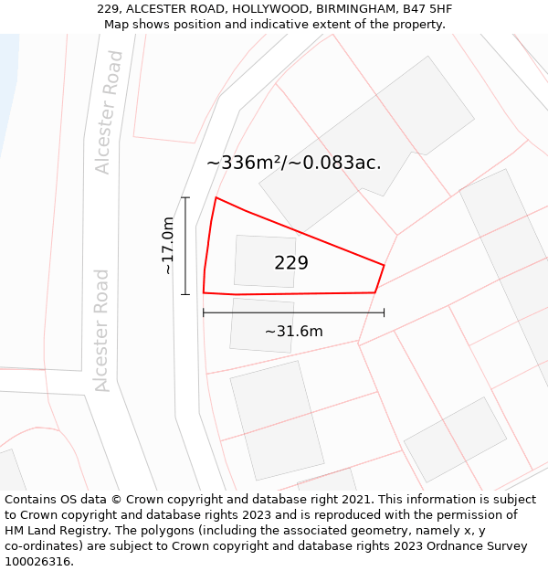 229, ALCESTER ROAD, HOLLYWOOD, BIRMINGHAM, B47 5HF: Plot and title map