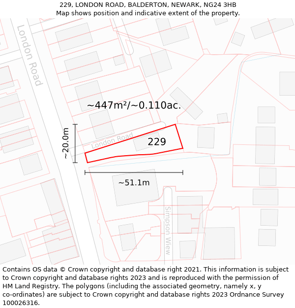 229, LONDON ROAD, BALDERTON, NEWARK, NG24 3HB: Plot and title map