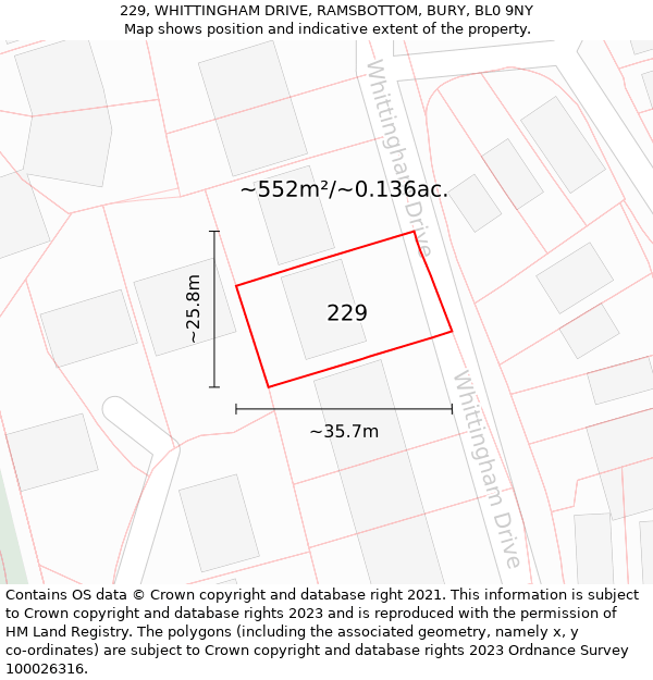 229, WHITTINGHAM DRIVE, RAMSBOTTOM, BURY, BL0 9NY: Plot and title map