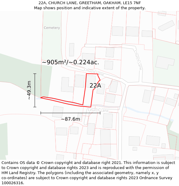 22A, CHURCH LANE, GREETHAM, OAKHAM, LE15 7NF: Plot and title map