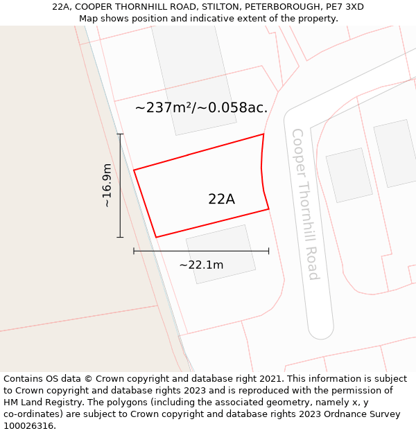 22A, COOPER THORNHILL ROAD, STILTON, PETERBOROUGH, PE7 3XD: Plot and title map