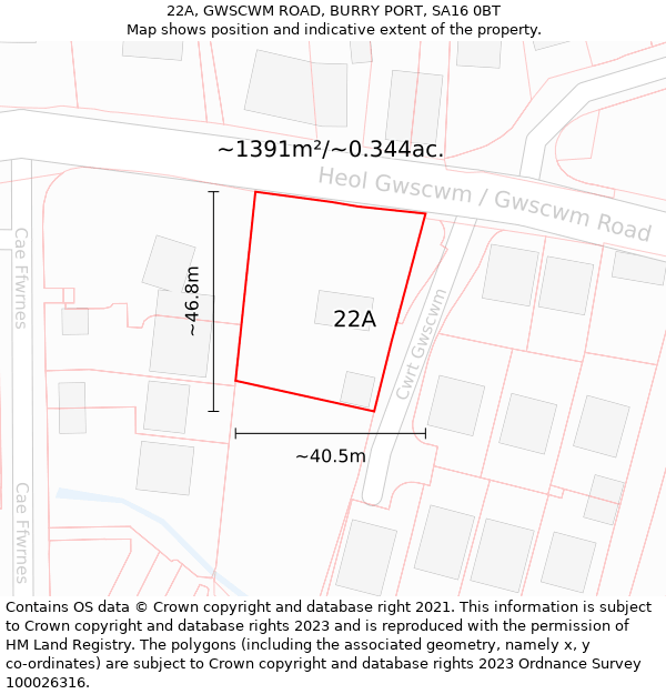 22A, GWSCWM ROAD, BURRY PORT, SA16 0BT: Plot and title map