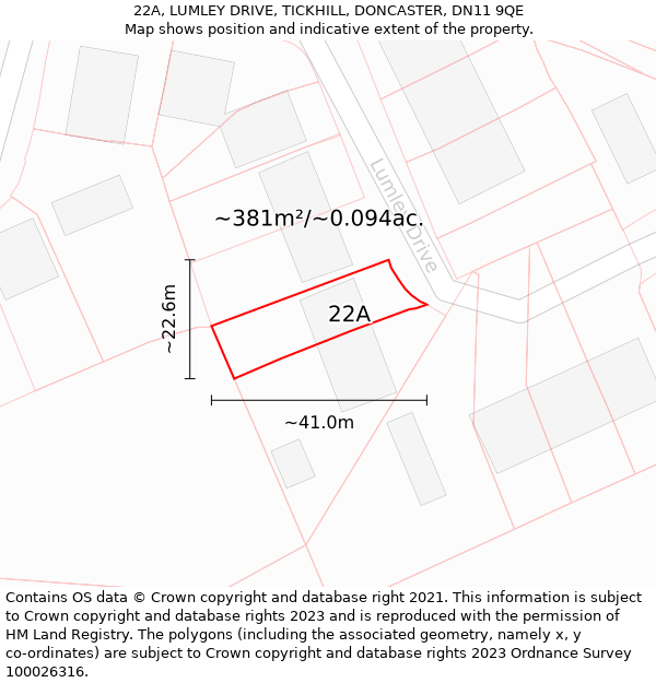 22A, LUMLEY DRIVE, TICKHILL, DONCASTER, DN11 9QE: Plot and title map