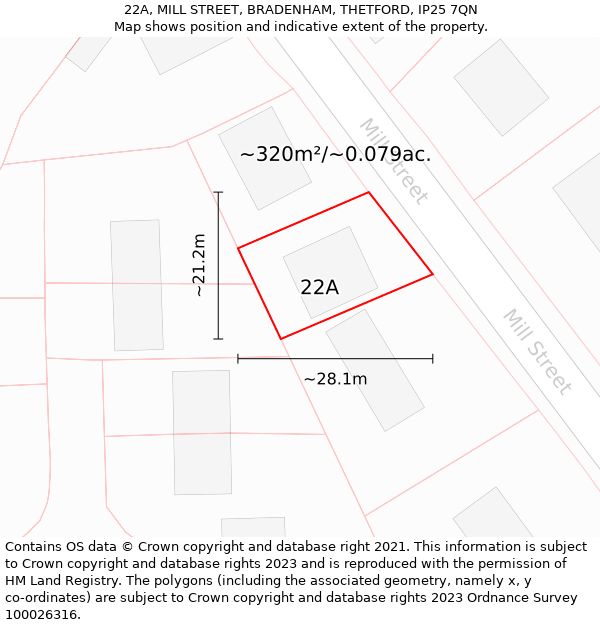 22A, MILL STREET, BRADENHAM, THETFORD, IP25 7QN: Plot and title map