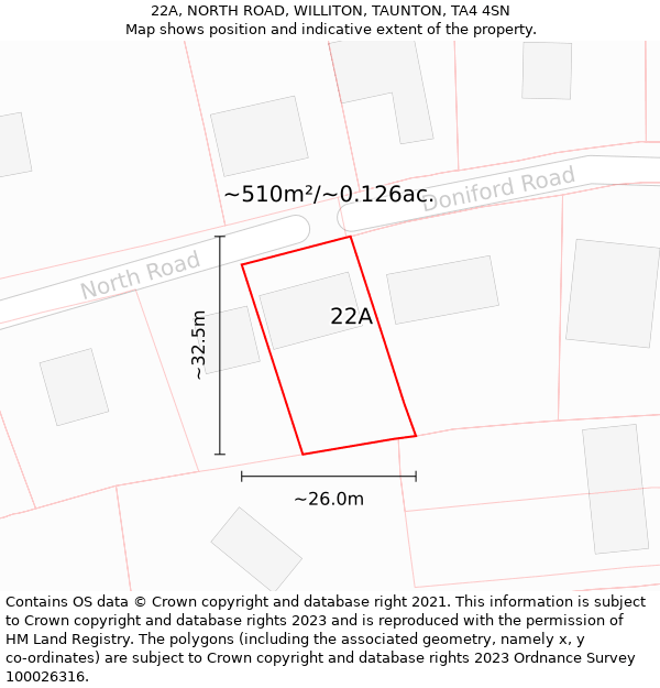 22A, NORTH ROAD, WILLITON, TAUNTON, TA4 4SN: Plot and title map