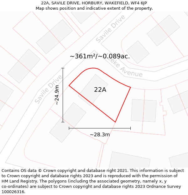 22A, SAVILE DRIVE, HORBURY, WAKEFIELD, WF4 6JP: Plot and title map