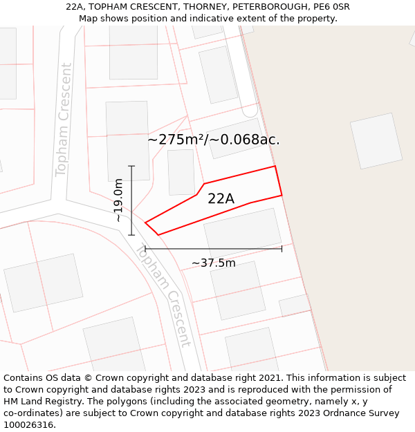 22A, TOPHAM CRESCENT, THORNEY, PETERBOROUGH, PE6 0SR: Plot and title map